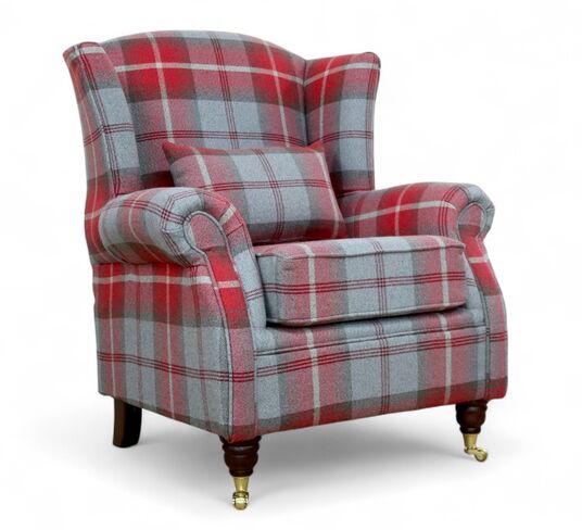 Wing Chair Fireside High Back Armchair Balmoral Cherry Check Fabric P&S