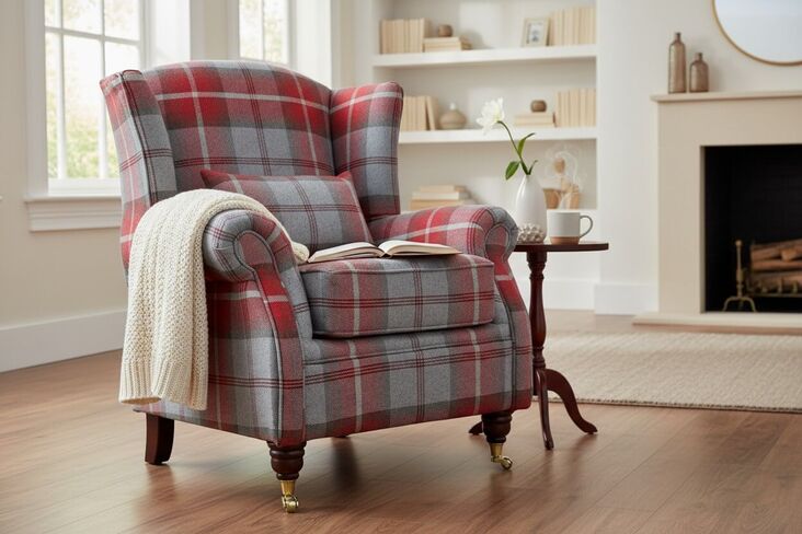 Wing Chair Fireside High Back Armchair Balmoral Cherry Check Fabric P&S