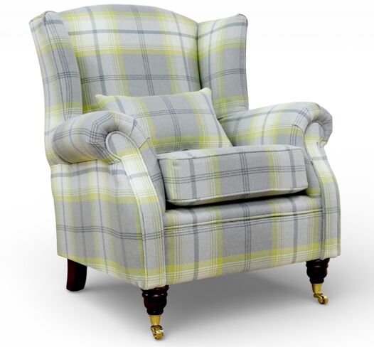 Wing Chair Fireside High Back Armchair Balmoral Citrus Green Check Fabric P&S