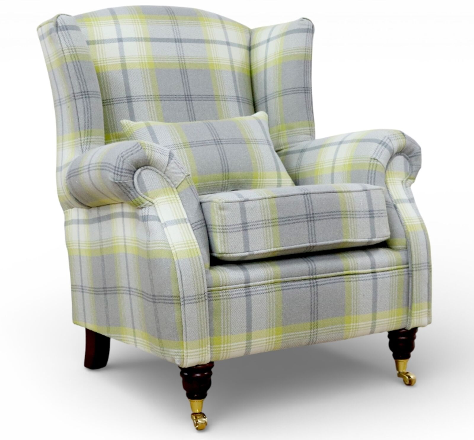 Wing Chair Fireside High Back Armchair Balmoral Citrus Green Check Fabric P&S