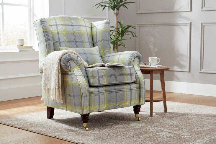 Wing Chair Fireside High Back Armchair Balmoral Citrus Green Check Fabric P&S