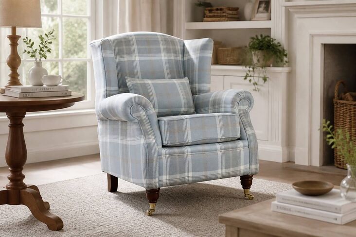 Wing Chair Fireside High Back Armchair Balmoral Cloud Check Fabric P&S