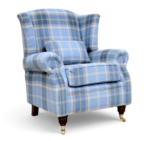 Wing Chair Fireside High Back Armchair Balmoral Cornflower Check Fabric P&S