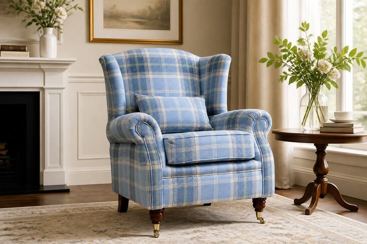 Wing Chair Fireside High Back Armchair Balmoral Cornflower Check Fabric P&S