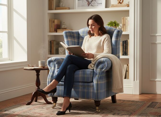 Wing Chair Fireside High Back Armchair Balmoral Cornflower Check Fabric P&S