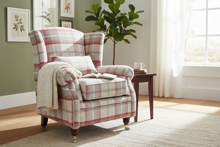 Wing Chair Fireside High Back Armchair Balmoral Cranberry Check Fabric P&S
