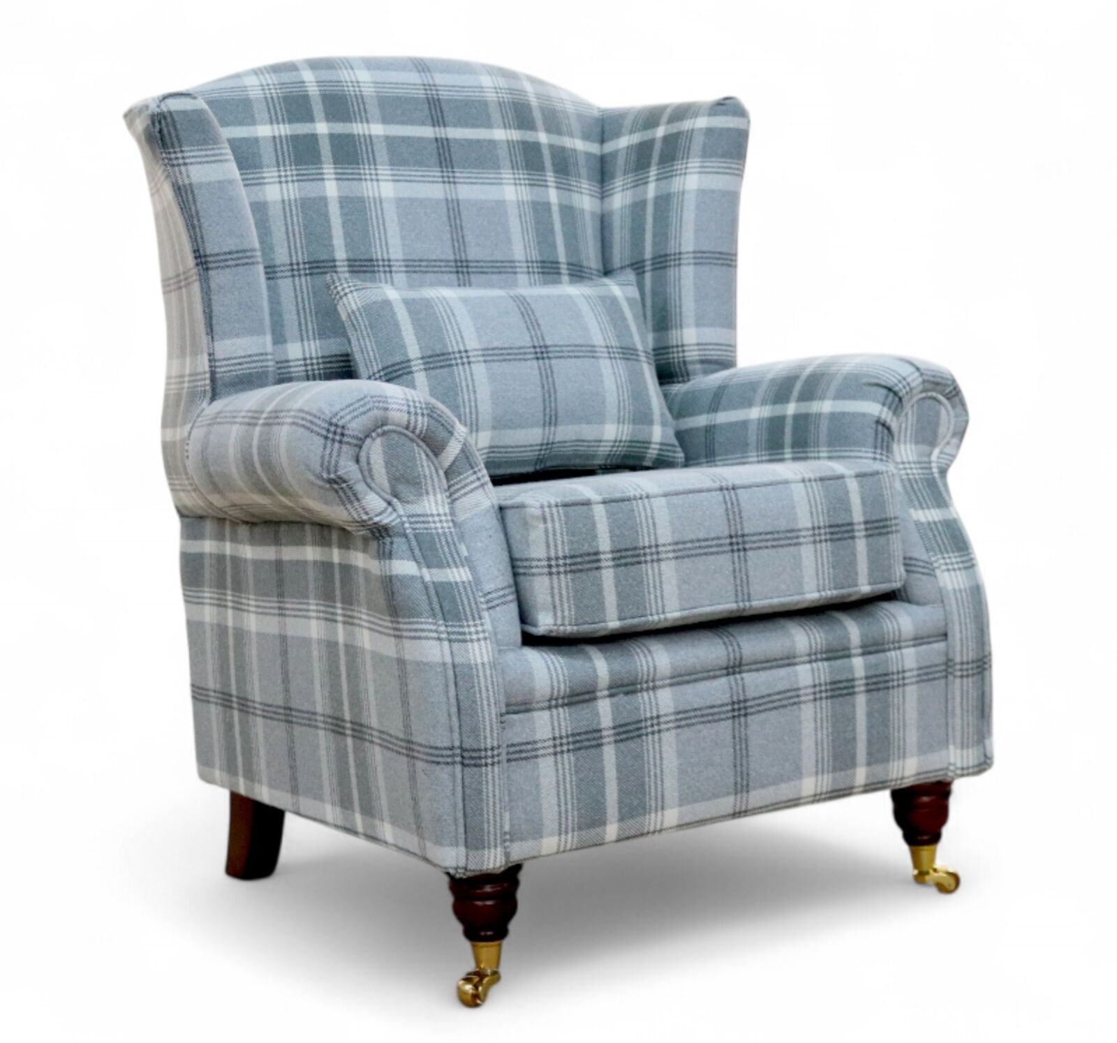 Wing Chair Fireside High Back Armchair Balmoral Dove Grey Check Fabric P&S