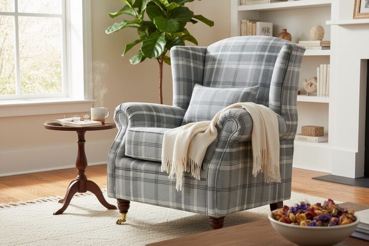 Wing Chair Fireside High Back Armchair Balmoral Dove Grey Check Fabric P&S