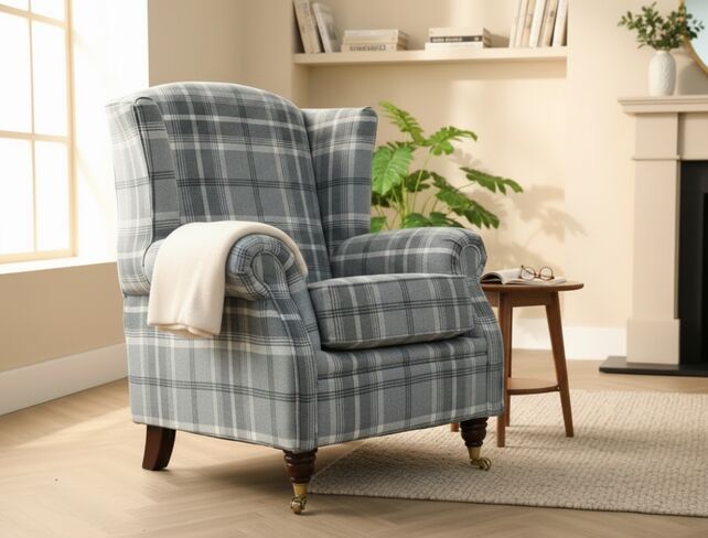 Wing Chair Fireside High Back Armchair Balmoral Dove Grey Check Fabric P&S