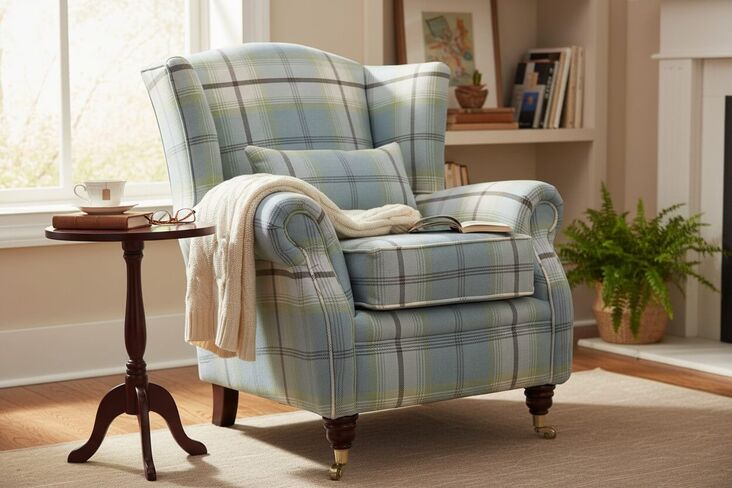 Wing Chair Fireside High Back Armchair Balmoral Duck Egg Blue Check Fabric P&S