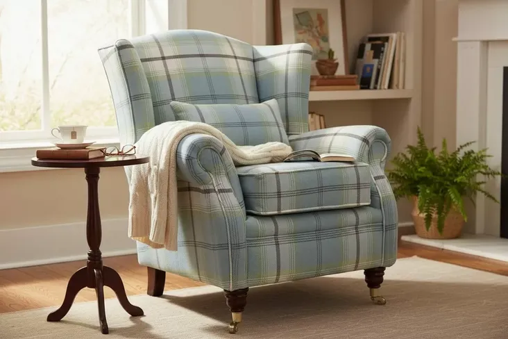 Wing Chair Fireside High Back Armchair Balmoral Duck Egg Blue Check Fabric P&S