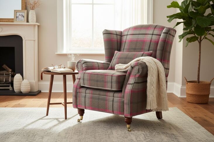 Wing Chair Fireside High Back Armchair Balmoral Fuchsia Pink Check Fabric P&S