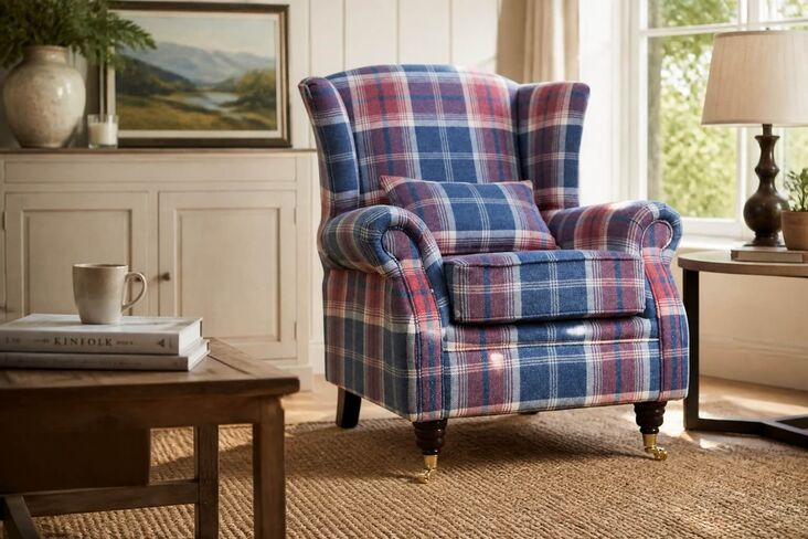 Wing Chair Fireside High Back Armchair Balmoral Harbour Blue Check Fabric P&S