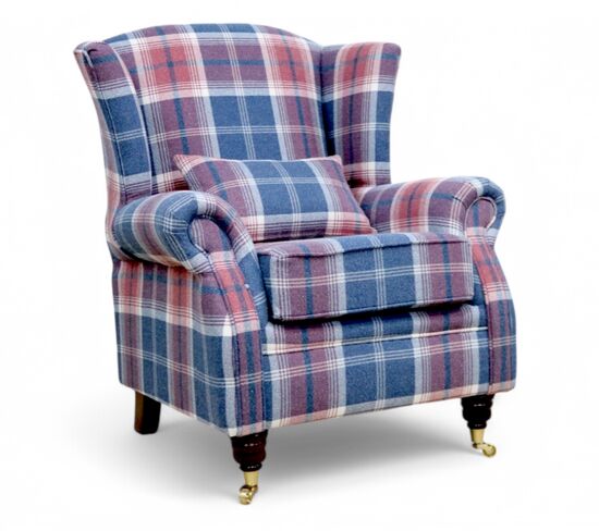 Wing Chair Fireside High Back Armchair Balmoral Harbour Blue Check Fabric P&S