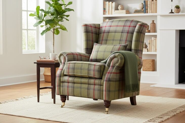 Wing Chair Fireside High Back Armchair Balmoral Hunter Check Fabric P&S