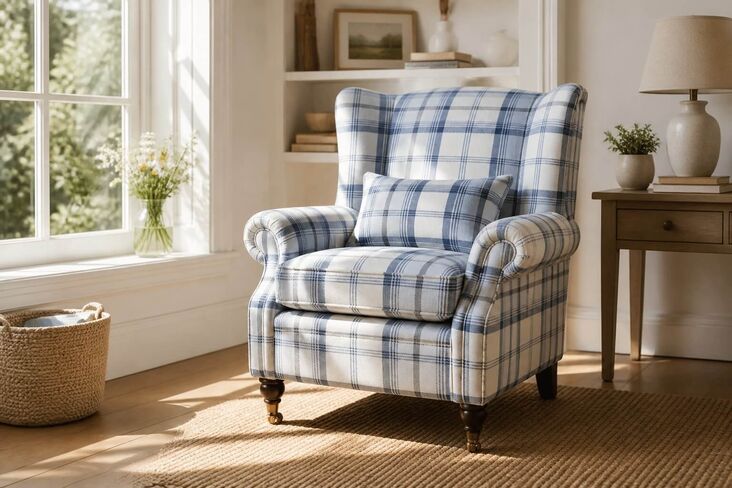 Wing Chair Fireside High Back Armchair Balmoral Indigo Blue Check Fabric P&S
