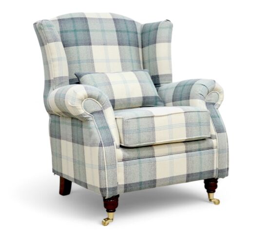 Wing Chair Fireside High Back Armchair Balmoral Jade Green Check Fabric P&S