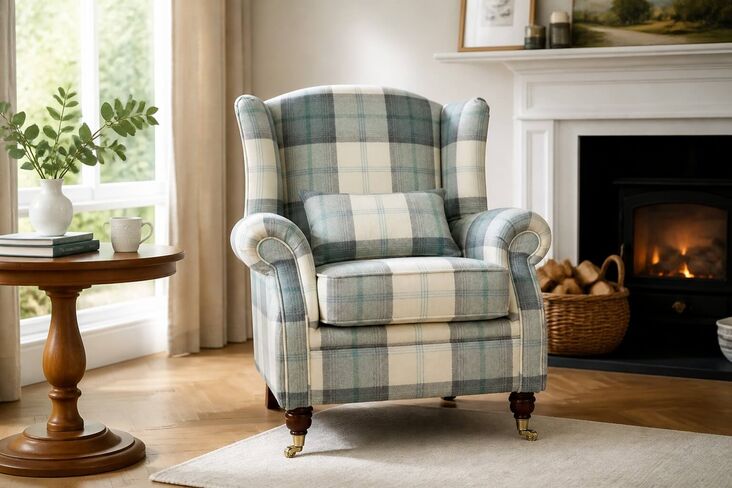 Wing Chair Fireside High Back Armchair Balmoral Jade Green Check Fabric P&S
