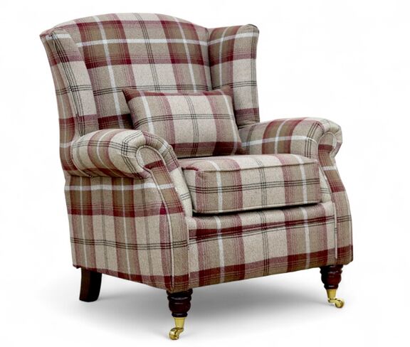 Wing Chair Fireside High Back Armchair Balmoral Mulberry Check Fabric P&S