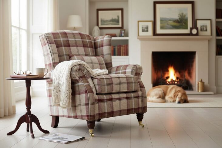 Wing Chair Fireside High Back Armchair Balmoral Mulberry Check Fabric P&S