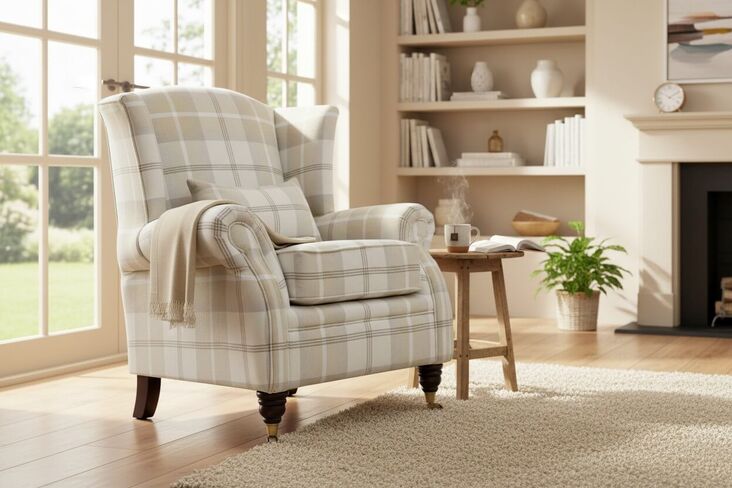Wing Chair Fireside High Back Armchair Balmoral Natural Check Fabric P&S