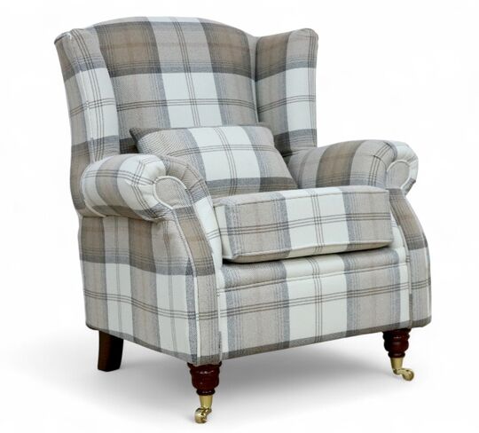 Wing Chair Fireside High Back Armchair Balmoral Oatmeal Tartan Fabric P&S