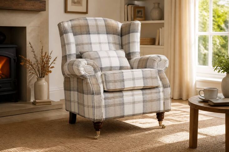 Wing Chair Fireside High Back Armchair Balmoral Oatmeal Tartan Fabric P&S