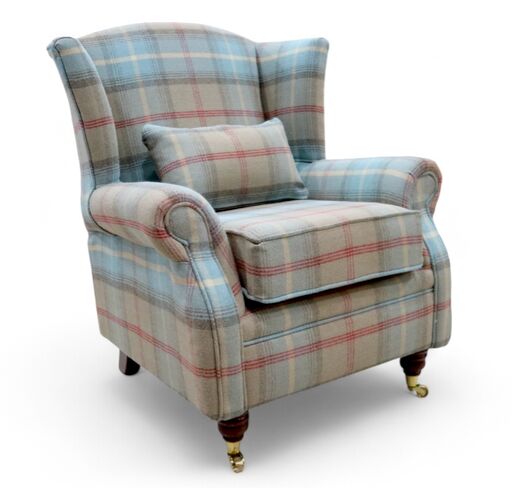 Wing Chair Fireside High Back Armchair Balmoral Ocean Check Fabric P&S