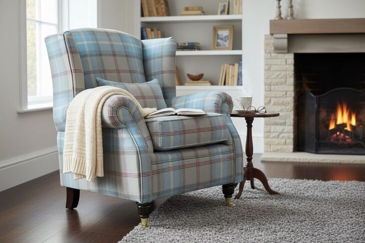 Wing Chair Fireside High Back Armchair Balmoral Ocean Check Fabric P&S