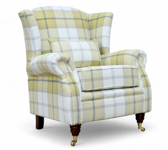 Wing Chair Fireside High Back Armchair Balmoral Ochre Yellow Check Fabric P&S