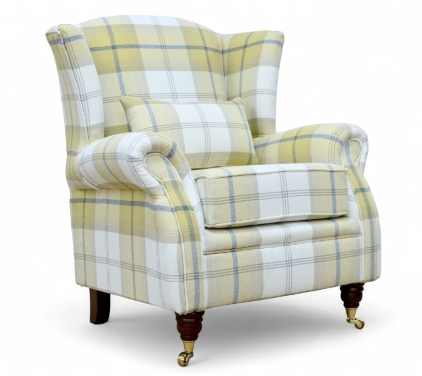 Wing Chair Fireside High Back Armchair Balmoral Ochre Yellow Check Fabric P&S