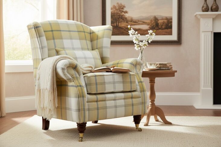 Wing Chair Fireside High Back Armchair Balmoral Ochre Yellow Check Fabric P&S