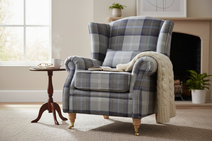 Wing Chair Fireside High Back Armchair Balmoral Oxford Blue Check Fabric P&S