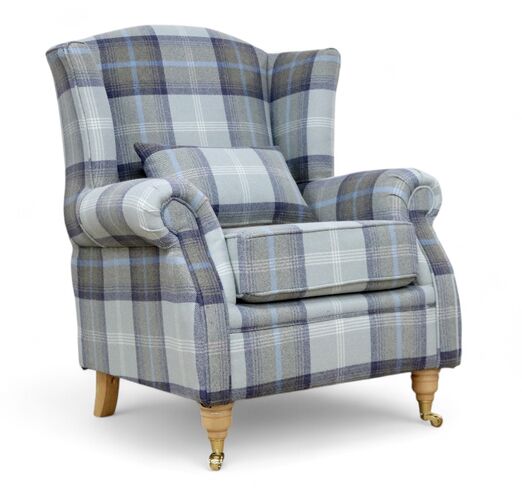 Wing Chair Fireside High Back Armchair Balmoral Oxford Blue Check Fabric P&S