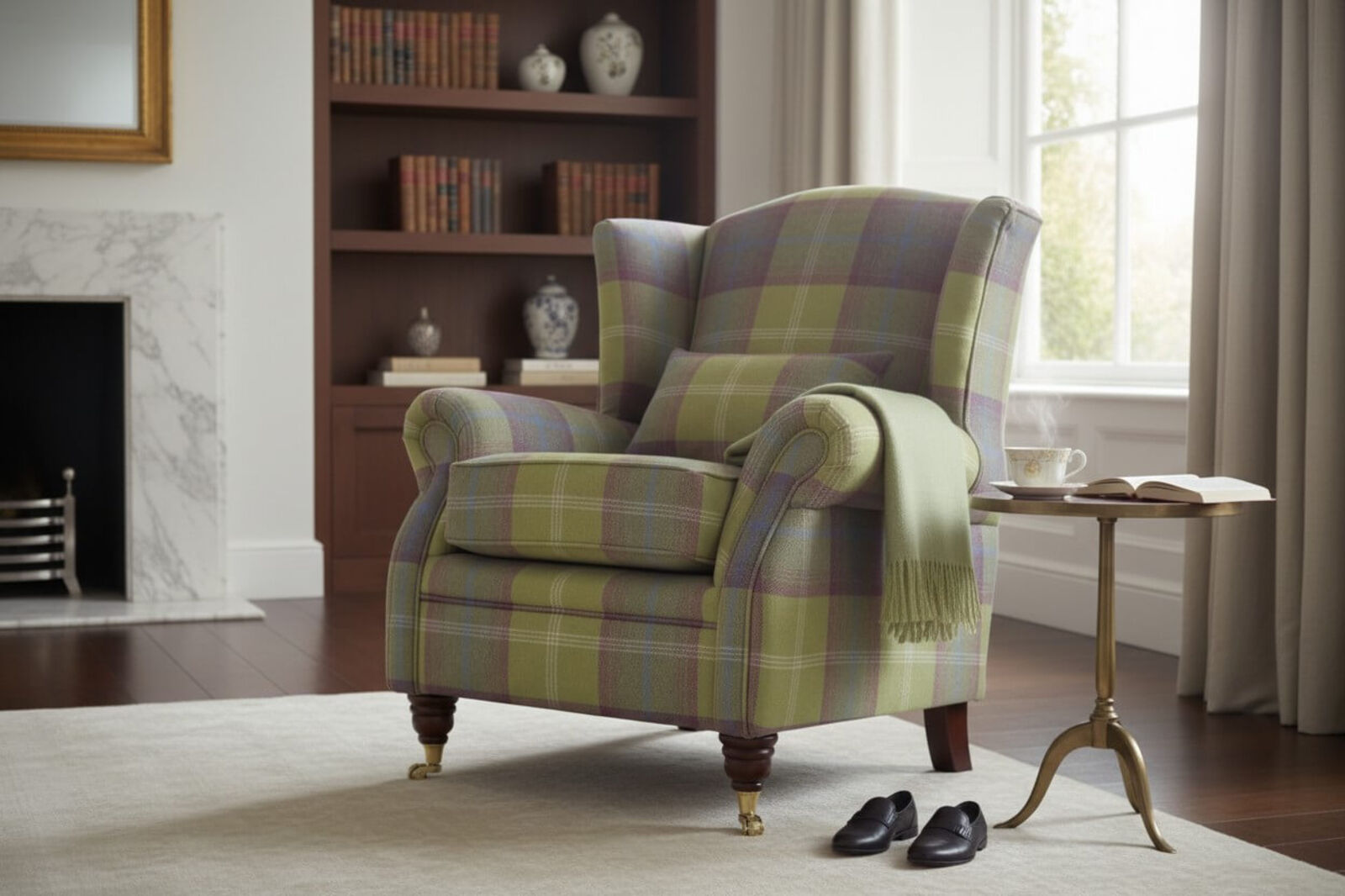Wing Chair Fireside High Back Armchair Balmoral Pistachio Check Fabric P&S