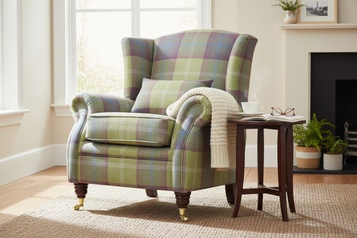 Wing Chair Fireside High Back Armchair Balmoral Pistachio Check Fabric P&S