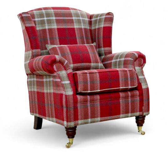 Wing Chair Fireside High Back Armchair Balmoral Red Check Fabric P&S