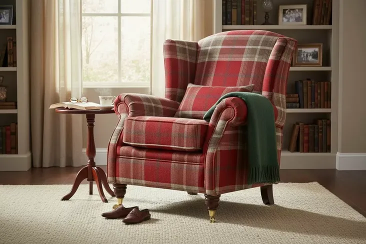 Wing Chair Fireside High Back Armchair Balmoral Tartan Red Check Fabric P&S