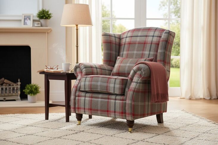 Wing Chair Fireside High Back Armchair Balmoral Rosso Check Fabric P&S