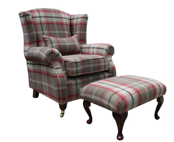 Wing Chair Fireside High Back Armchair + Footstool Balmoral Rosso Check Fabric P&S