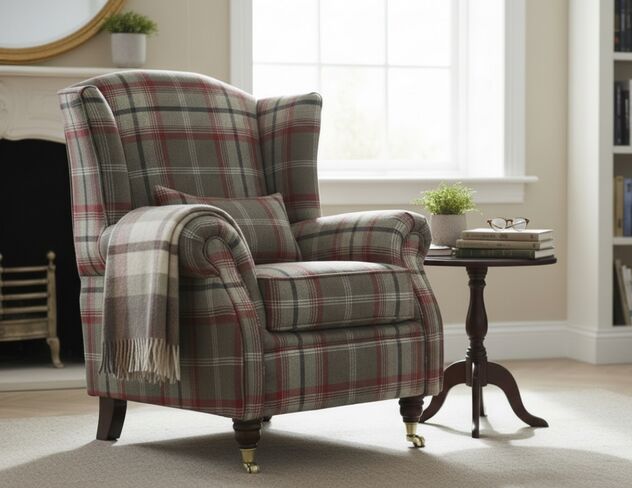 Wing Chair Fireside High Back Armchair Balmoral Rosso Check Fabric P&S