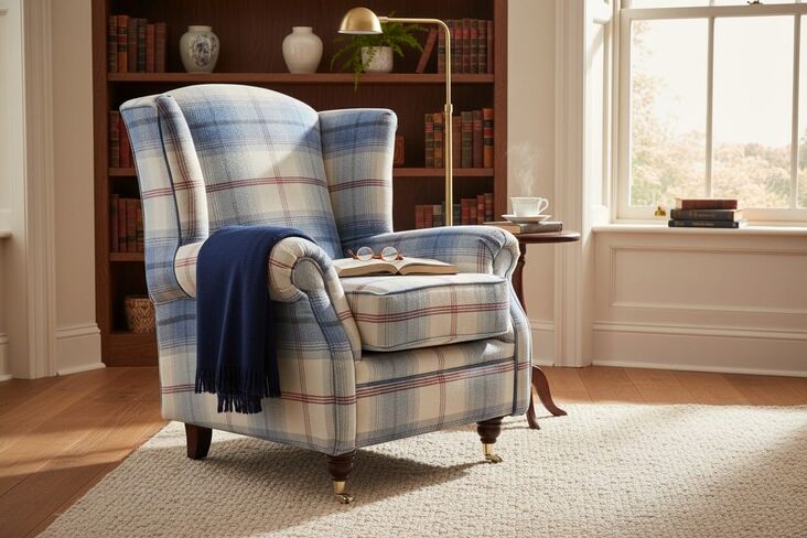 Wing Chair Fireside High Back Armchair Balmoral Royal Blue Check Fabric P&S