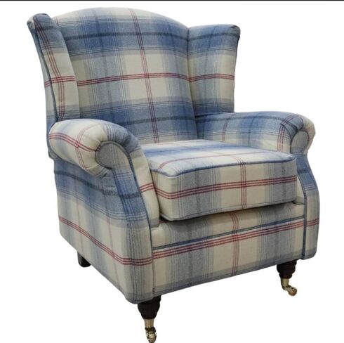 Wing Chair Fireside High Back Armchair Balmoral Royal Blue Check Fabric P&S
