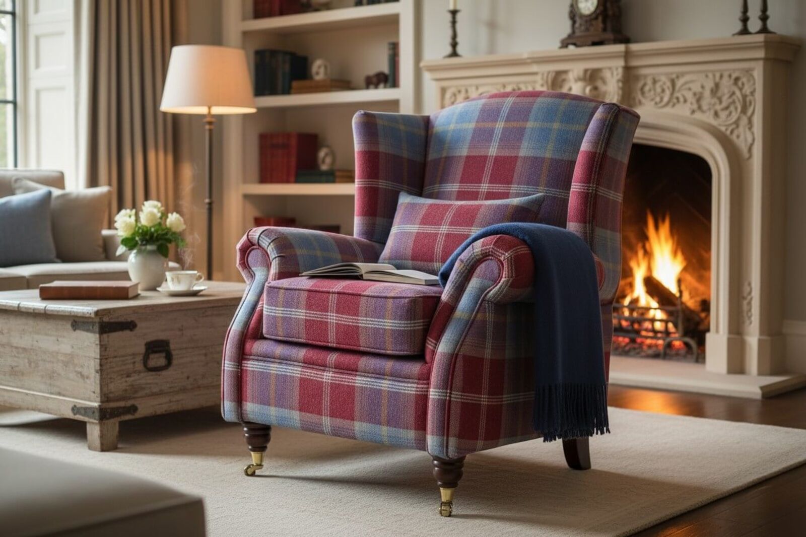 Wing Chair Fireside High Back Armchair Balmoral Ruby Check Fabric P&S