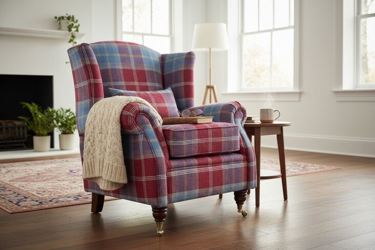 Wing Chair Fireside High Back Armchair Balmoral Ruby Check Fabric P&S