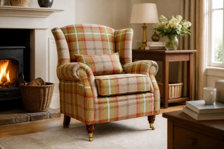 Wing Chair Fireside High Back Armchair Balmoral Rust Check Fabric P&S