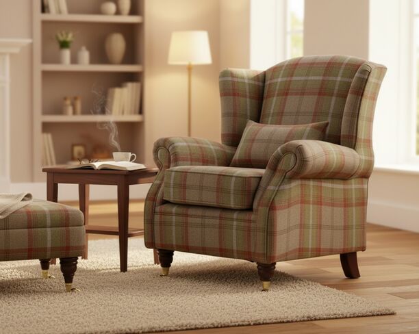 Wing Chair Fireside High Back Armchair Balmoral Rust Check Fabric P&S