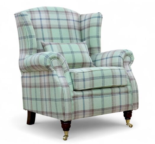 Wing Chair Fireside High Back Armchair Balmoral Sage Green Check Fabric P&S