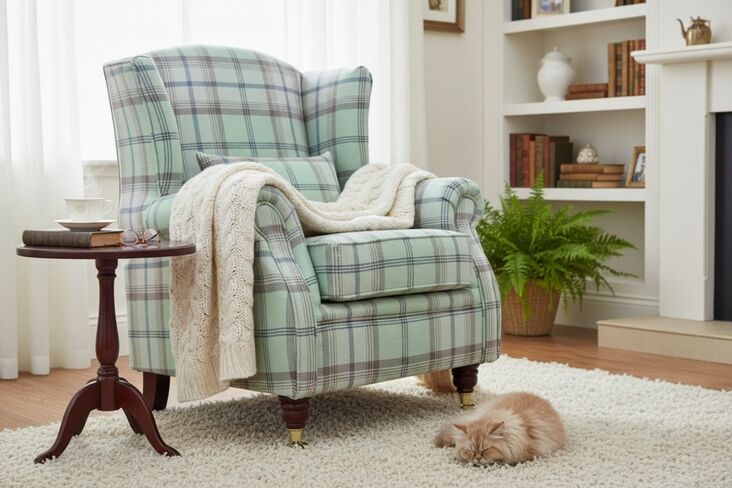 Wing Chair Fireside High Back Armchair Balmoral Sage Green Check Fabric P&S