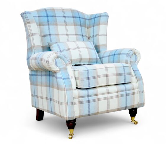 Wing Chair Fireside High Back Armchair Balmoral Sky Check Fabric P&S